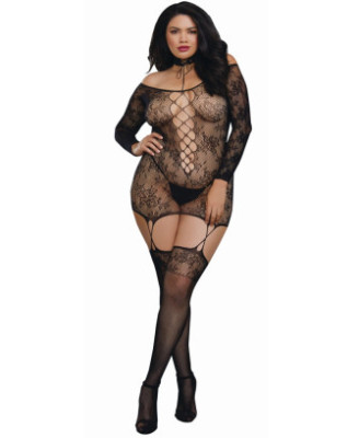 Bodystocking résille guêpière grande taille réversible avec tour de cou 